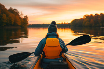 Rear view of young woman rowing in a kayak in the lake at calm autumn day.