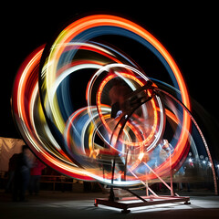 Circus wheel in motion at night with people on background. Long exposure.