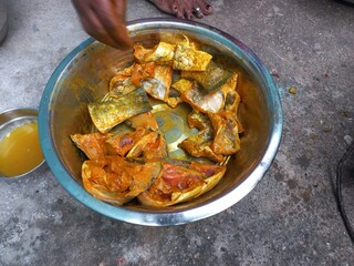 Raw cut Fish pieces,Raw cut Fish pieces mixing turmeric oil salt a woman hand on,Cutting raw fish on an Aluminium container,
