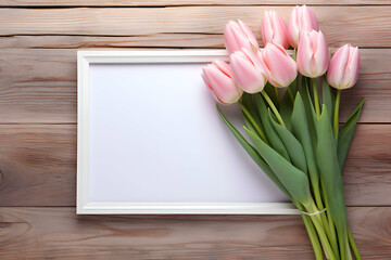 Fototapeta premium Bouquet of pink tulips and white frame on wooden background