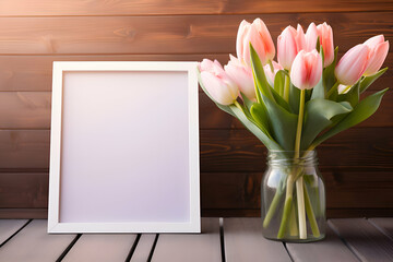 Bouquet of pink tulips in a glass vase and a white frame on a wooden background