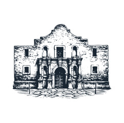 Old building of The Alamo, Texas. Rough sketch. Vector illustration. - obrazy, fototapety, plakaty