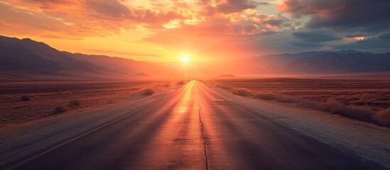 The afterglow of the red sky at sunset illuminates the desert road as the sun dips below the horizon, casting a warm glow over the natural landscape - obrazy, fototapety, plakaty