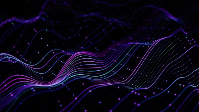 Glowing lines with blinking dots on the surface of waves. Abstract concept of artificial intelligence data transfer or big data analysis. Vivid sound waves flow on black background, 4K looped video