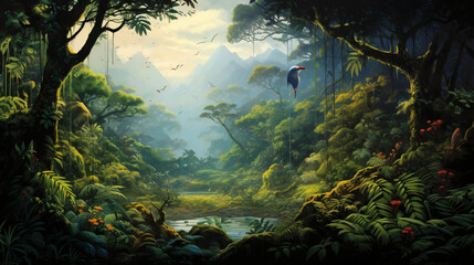 A painting of a jungle scene with lots of plants.