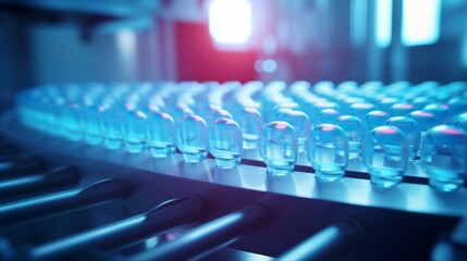 Blue vials are moving along a conveyor belt in a modern pharmaceutical factory. The process of manufacturing medicines, vaccines and medicines.