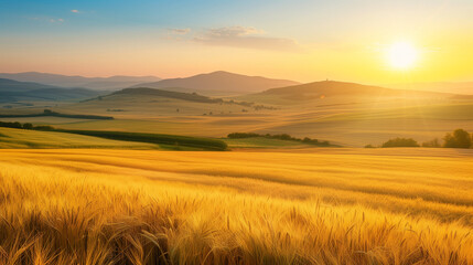 Fototapeta na wymiar Beautiful Landscape with Golden Wheat Field, Green and Yellow Crop Fields, Rolling Hills, Mountaintop Hues, Warm Sunlight, Clear Sky - Stunning Rural Scenery Using Natural Morning or Afternoon Light