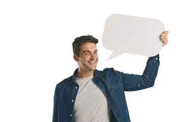 Portrait, announcement and man with blank speech bubble message isolated on transparent png background. Like, subscribe or review with social media comment, guy showing vote or notification on paper.