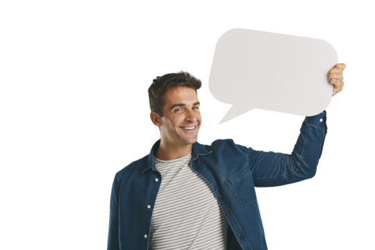 Portrait, announcement and man with blank speech bubble message isolated on transparent png background. Like, subscribe or review with social media comment, guy showing vote or notification on paper. - Powered by Adobe