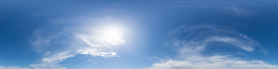 Blue summer sky panorama with Cirrus clouds. Seamless hdr spherical 360 panorama. Zenith or sky dome in 3D visualization, sky replacement for aerial drone 360 panoramas. Climate and weather change.