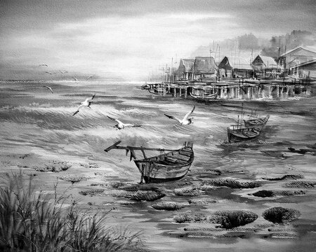 monochrome photography black and white original oil painting  sea  Beach  phuket thailand