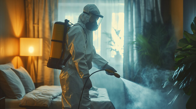 Man in a White Suit Spraying a Bed
