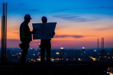 Silhouette of Engineer and Worker talk to each other at work.