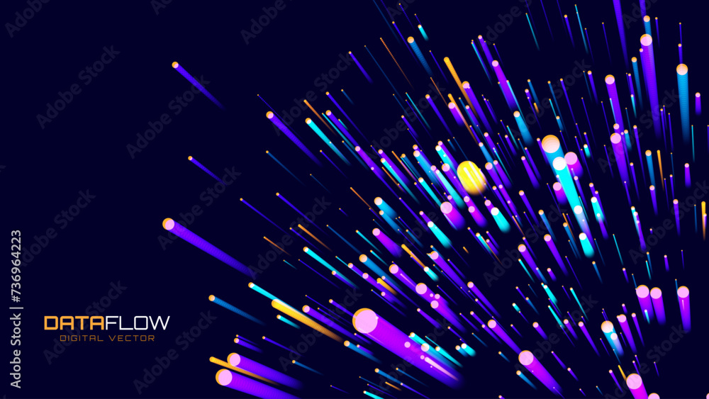 Poster Digital Data Flow Vector Background. Big Data Technology Lines. 5G Wireless Data Transmission. High Speed of Light Trails. Information Flow in Virtual Reality Cyberspace. Vector Illustration.