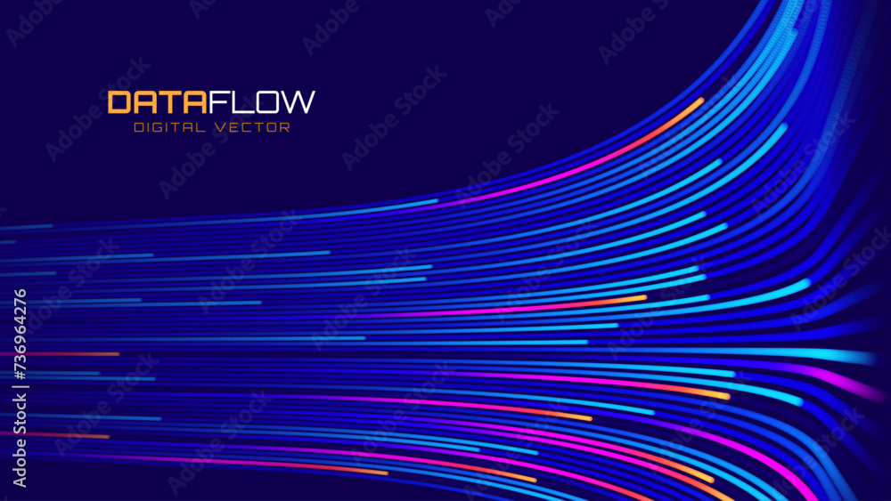 Poster Digital Data Flow Vector Background. Big Data Technology Lines. 5G Wireless Data Transmission. High Speed of Light Trails. Information Flow in Virtual Reality Cyberspace. Vector Illustration.