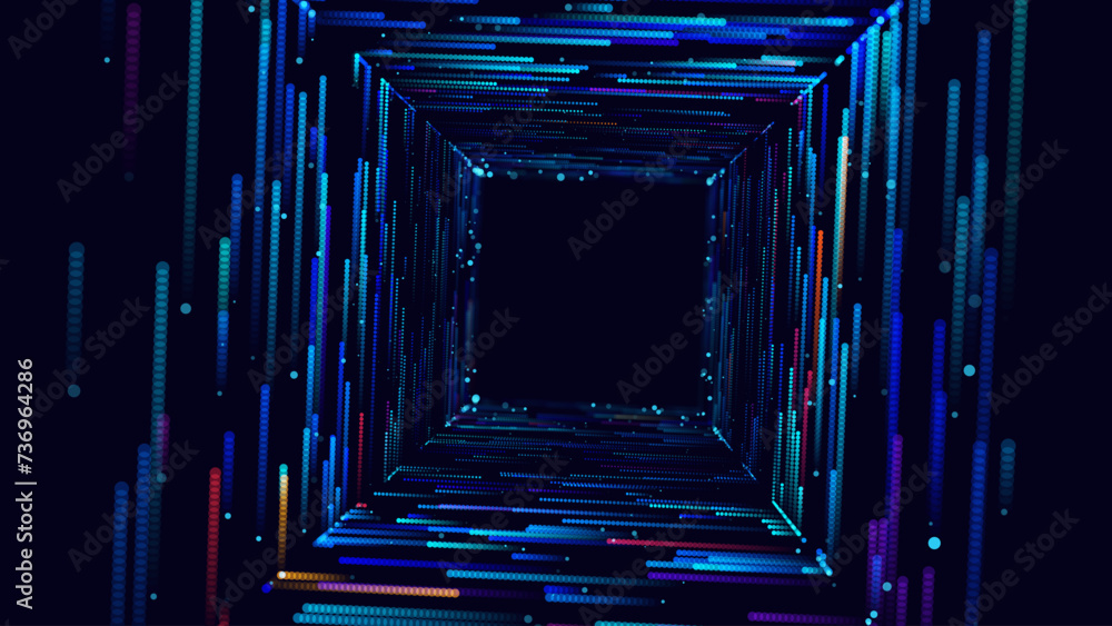 Poster Square Frame Border Blue Lights DJ Party Flyer Background. Data Flow Particles Moving with Trails. Computer Digital Tunnel Technology Vector Illustration.