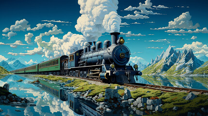 A historic retro steam train passes through the mountains. A vintage locomotive drives through a mountainous landscape - obrazy, fototapety, plakaty