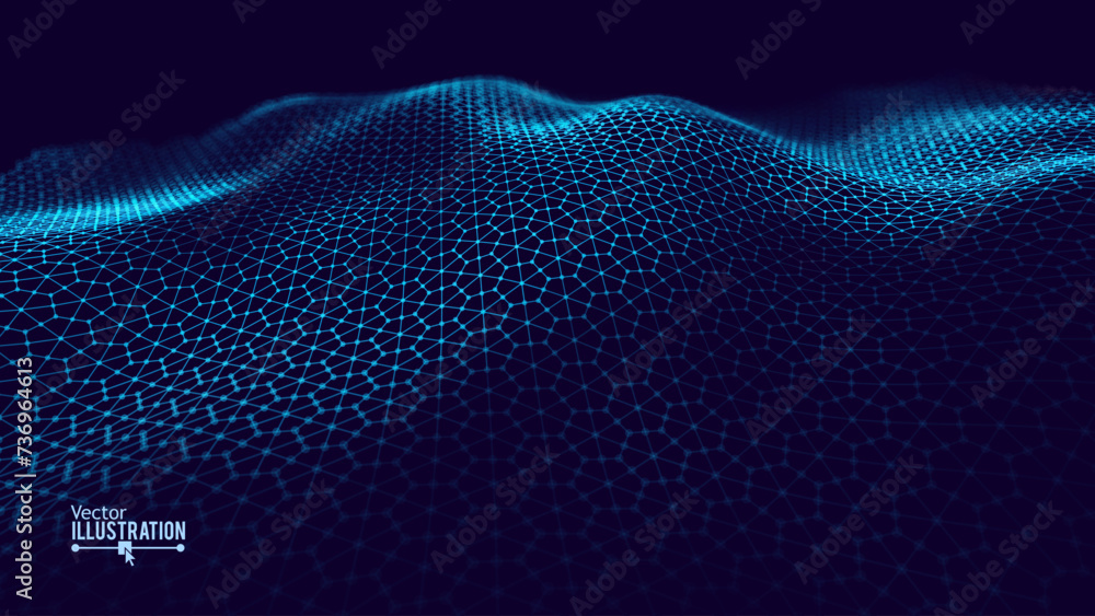 Leinwandbilder Futuristic Hexagon Grid. HUD Background Design Element. Technology Concept. Ultrawide 3D Landscape. Big Data Vector Illustration. Abstract Technology Wallpaper.