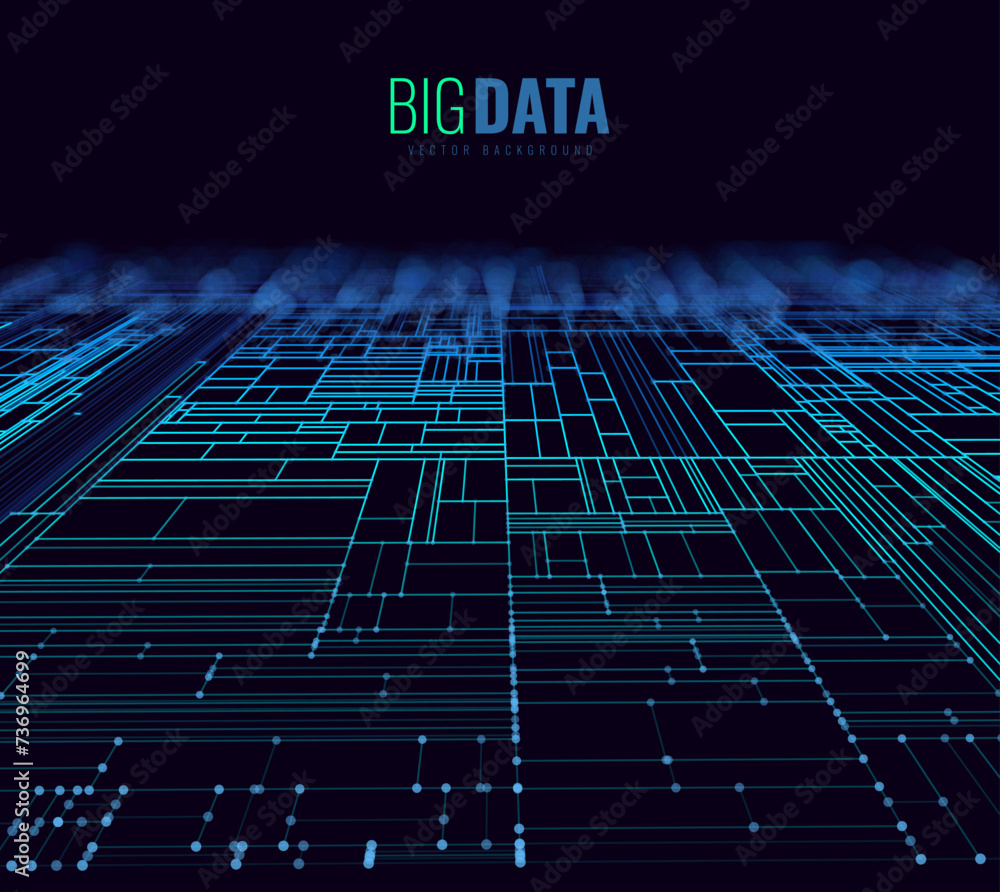 Poster Big Data Virtual Reality Digital Space. Data Communication Flow. Futuristic Information Technology Concept. Light Dots Square Grid. Futuristic Vector Illustration. VR Cyberspace.