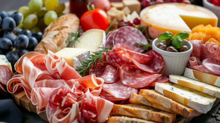 Luxurious Charcuterie Board Arrangement featuring Assorted Cured Meats, Gourmet Cheeses, Fresh Fruits, Baguette Slices, and Delicious Preserve, Ideal for Sharing as an Appetizer or Snack offering Rich