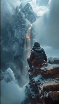 young girl sitting on the edge of a cliff watching a huge waterfall,generative ai