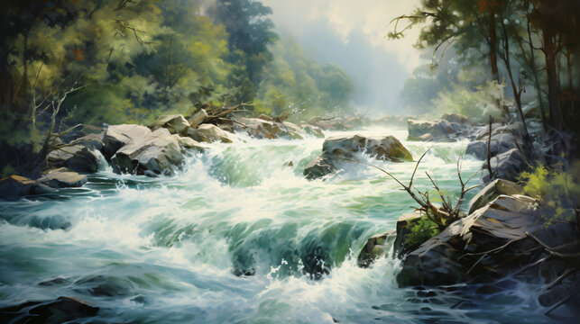 A painting of a river with a bunch of water rushing.