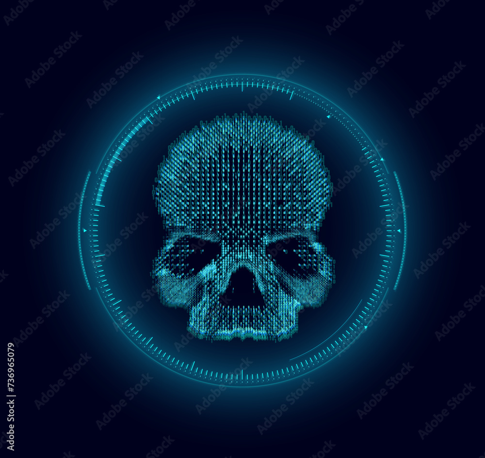 Fototapete Online Data Breach. Hacker News. Network DDOS Skull HUD Design. Cyber Crime Concept. Abstract Digital Background. Skull Sign over Binary Programming Code. Vector Illustration.