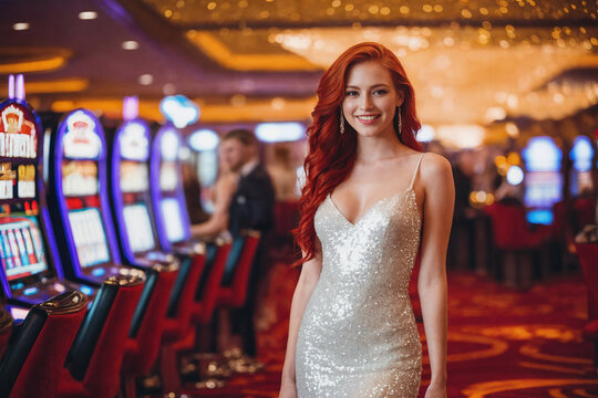 Young beautiful red hair woman in white dress smiling happy and confident. Standing with smile on face around lots of slot machine at casino. Generative Ai