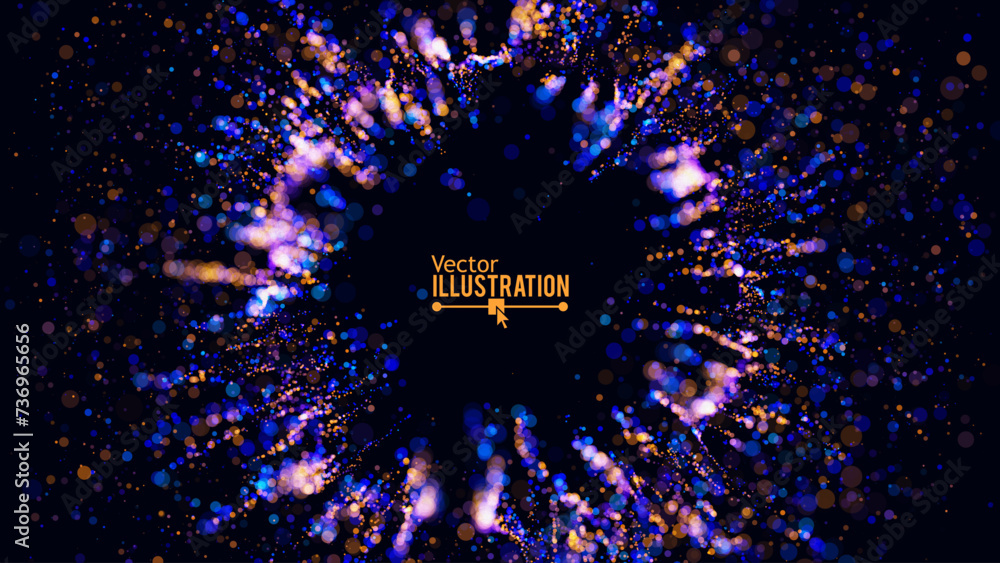 Poster particles blast circle frame. particles shockwave explosion effect background. abstract digital eye 