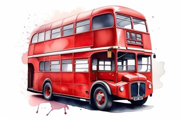 Beautiful watercolor illustration of red London buses in London, UK. Red double decker bus on a white background