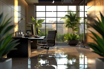 Office with cool mirror reflections. - obrazy, fototapety, plakaty