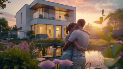 Tranquil Sunrise: Romantic Couple Embracing in Garden of Modern Two-Story Suburban House with Large Windows, Decorative Plants and Small Pond at Dawn