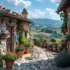 Idyllic Rustic Stone Cottage with Floral Decor in Countryside - obrazy, fototapety, plakaty