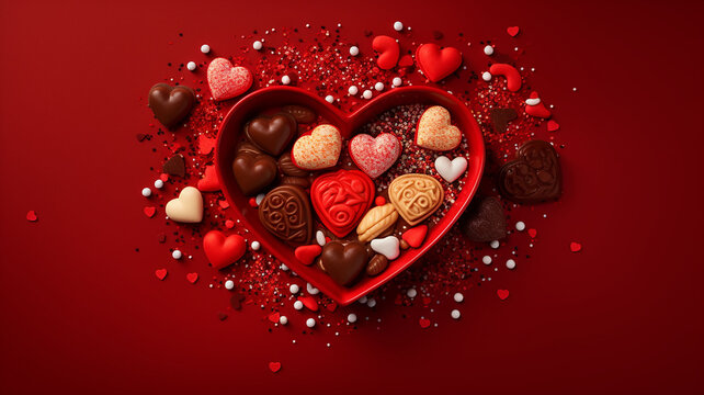 Valentines day celebration concept photo of heart shaped dish with sweets chocolate jelly candy cookies and confetti on top isolated red background with copyspace in center (3), Generative AI