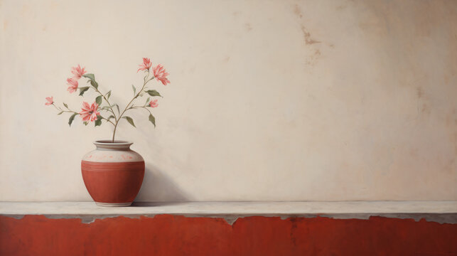 A painting of a wall with a red and white vase.