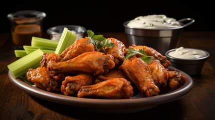 Fototapeta premium A Bite of Tradition: Buffalo's Legacy Lives On, Wings Dripping in Hot Sauce, Celery & Blue Cheese Dance