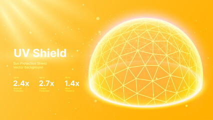 Sun Protection Futuristic Glowing Shield. 3D Sphere Bubble Shield from Ultraviolet Light. Game Hi Tech Dome. Solar Protection Screen. UV Radiation Safety Concept. Summer Vector Illustration. © ec0de