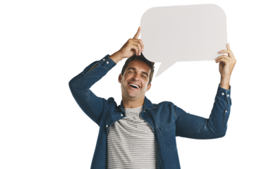 Portrait, opinion and man with blank speech bubble message isolated on transparent png background. Like, subscribe or social media comment with guy showing vote, announcement or notification on paper