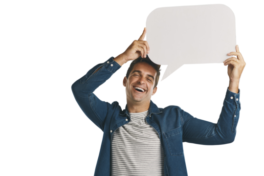 Portrait, opinion and man with blank speech bubble message isolated on transparent png background. Like, subscribe or social media comment with guy showing vote, announcement or notification on paper