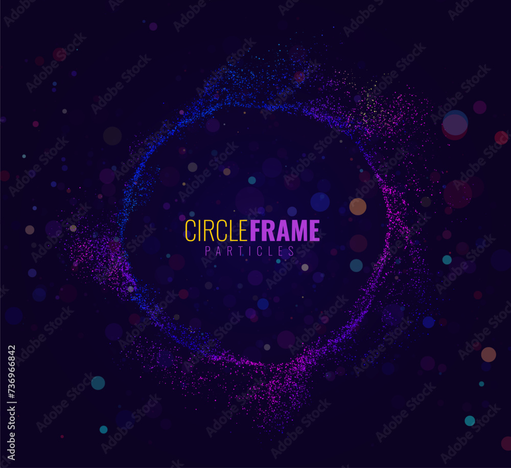 Poster Particles Circle Frame. Particles Array on Dark Background. Digital Explosion. Radial Sound Wave Music Visualization. Colorful Equalizer Background. Vector Illustration.