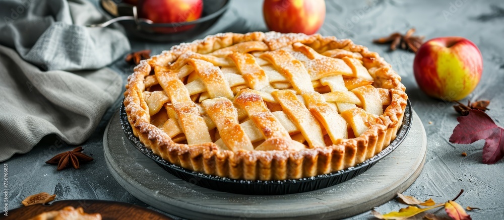 Aufkleber apple and pear pie on a concrete background; rustic-style apple pie on a wooden board; composition w