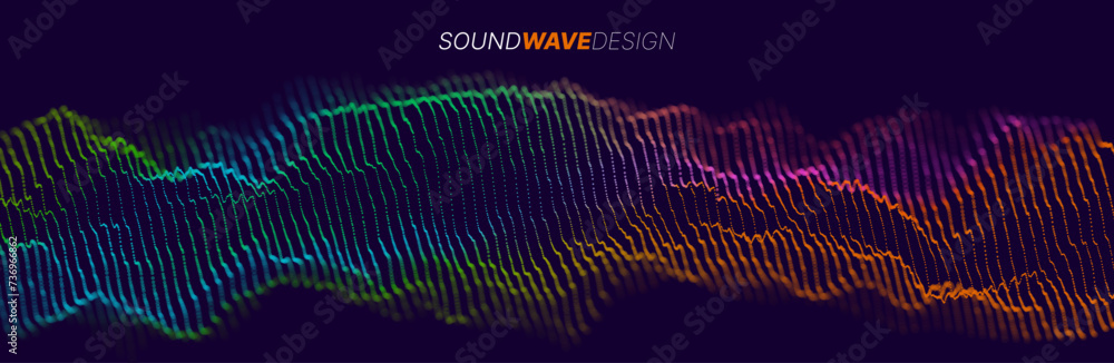 Poster Music Abstract Background. Voice Sound Visualization. Particles Equalizer Sound Wave Big Data Design. Dynamic Light Flow, with Blurred Depth of Field Effect. Vector Illustration.