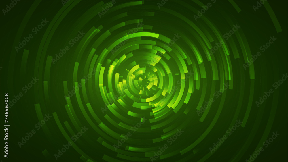 Poster Green Circular Geometric Vortex. Abstract Circular Swirl Lines. Moving Circles Wide Vector Background.