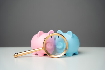 Piggy banks looking into a magnifying glass. Study terms and conditions on deposit. Investigating...