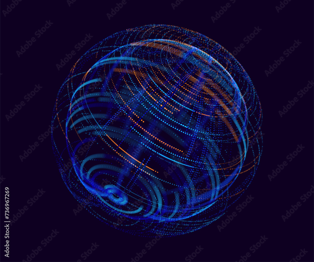 Poster Abstract Neon 3D Tech Sphere. Global Network Connections. Cyberpunk Globe Grid HUD Design Element. Futuristic Earth Hologram. Vector Technology Sci Fi Illustration.