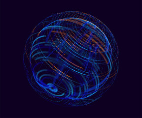 Abstract Neon 3D Tech Sphere. Global Network Connections. Cyberpunk Globe Grid HUD Design Element. Futuristic Earth Hologram. Vector Technology Sci Fi Illustration.