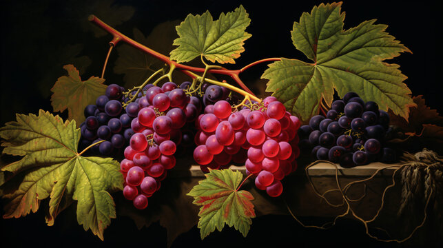 A painting of grapes, raspberries, and leaves.