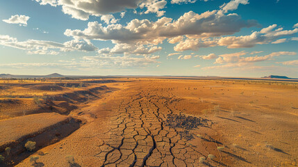 Global warming, extreme weather events, a cracked, dry outback. Climate Change Impact on Dry Cracked Outback Landscape
