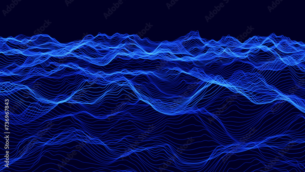 Aufkleber Blue Wireframe Landscape Wire with Depth of Field Effect. 3D Topographic Map Background Concept. Geography Concept. Tech Wavy Backdrop. Space Game Surface HUD Design Element.