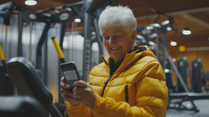 Senior Woman Using Fitness App in Gym. active senior woman smiles while using a fitness application on her smartphone in a well-equipped gym, representing health and technology